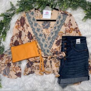 Boho Floral Belted Wrap Blouse